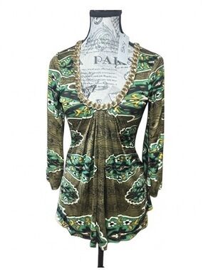 NWT SKY Green Paisley Gold Chain Neckline Boho Chic Blouse Small